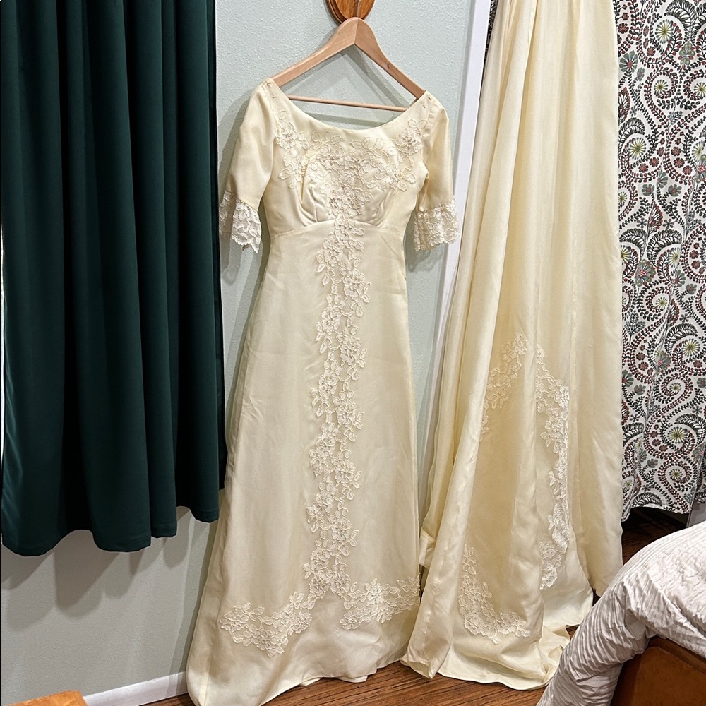 Vintage Unique 60s Wedding Dress, with Watteau Train, and Headpiece
